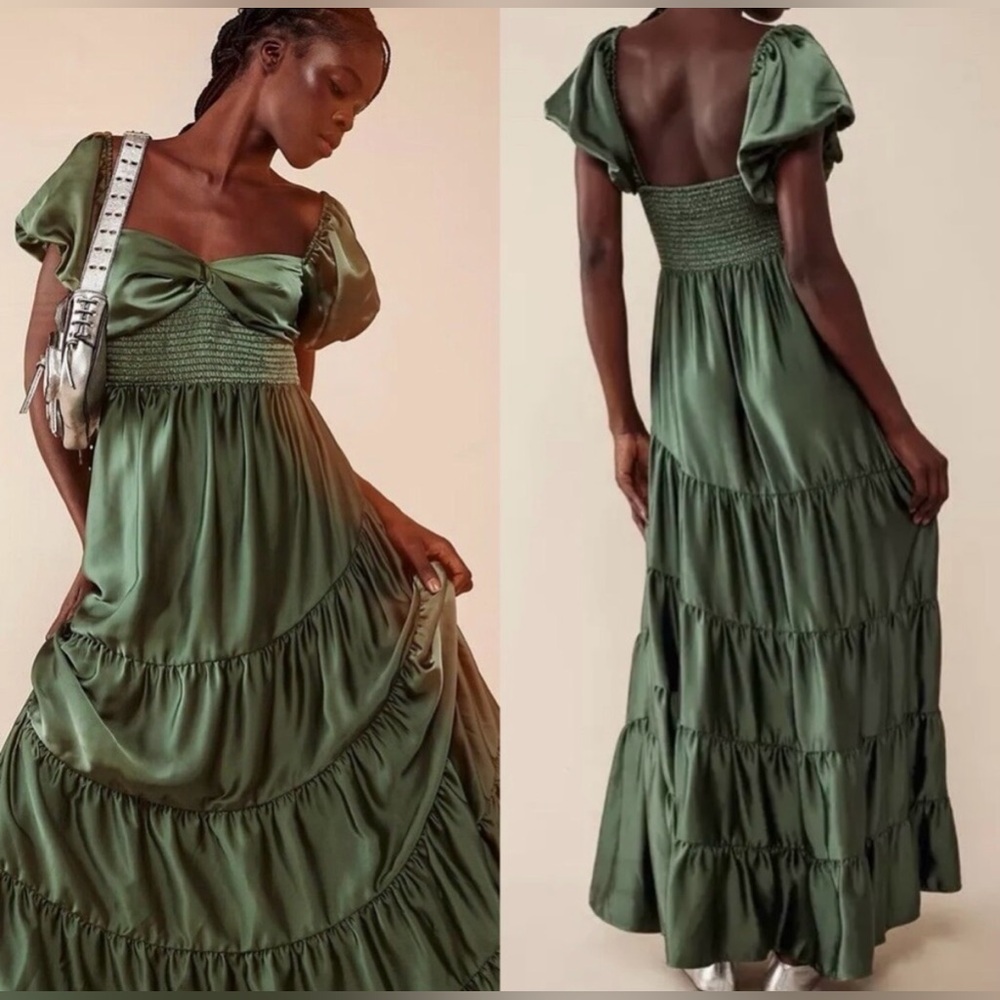 Free People Olive Green Satin Maxi Dress